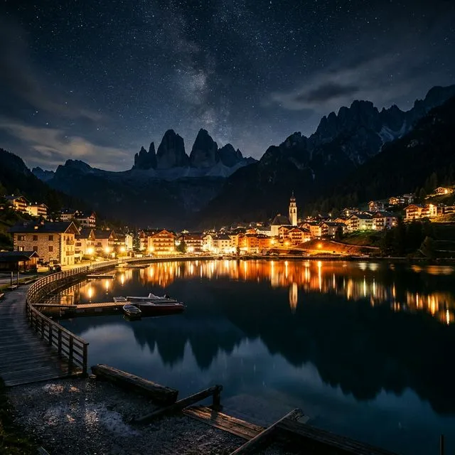 A cidade de Auronzo di Cadore iluminada à noite com reflexos no Lago di Santa Caterina sob o céu estrelado das Dolomitas