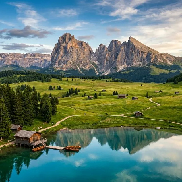 Vista panorâmica cinematográfica das montanhas dolomíticas e lagos alpinos, ilustrando um roteiro perfeito de 7 dias.