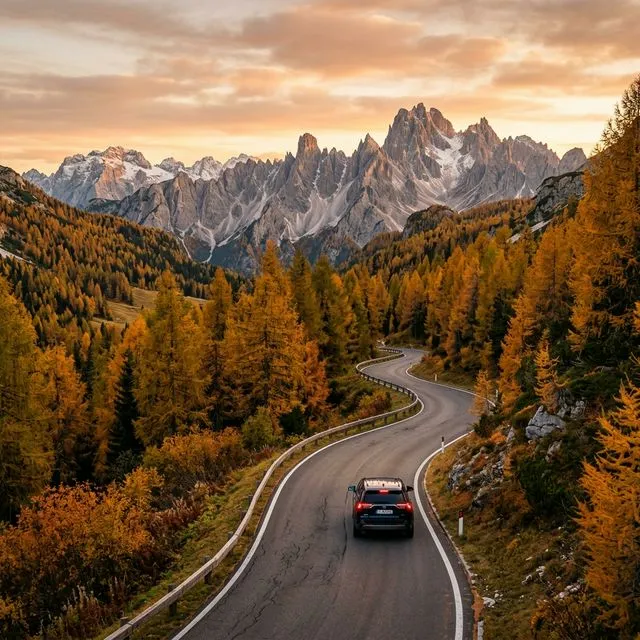 Estrada de montanha nas Dolomitas italianas no outono, com cores exclusivas e picos rochosos ao fundo