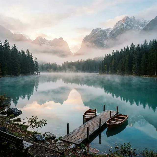 Manhã de neblina no Lago di Dobbiaco (Toblacher See) com águas calmas e montanhas ao fundo nas Dolomitas