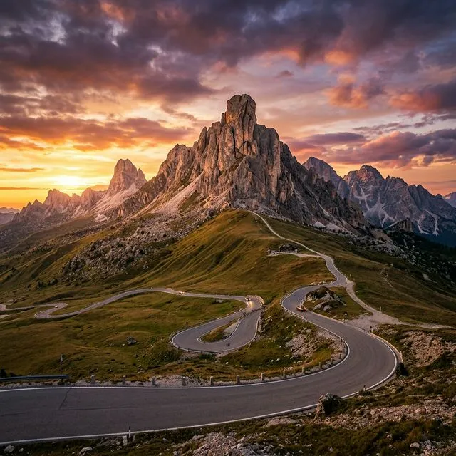 Passo Giau ao pôr do sol com as curvas da estrada SP638 e picos das Dolomitas ao fundo