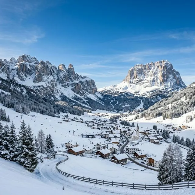 Panorama de inverno em Val Gardena com o maciço do Sella e a vila de Santa Cristina coberta de neve